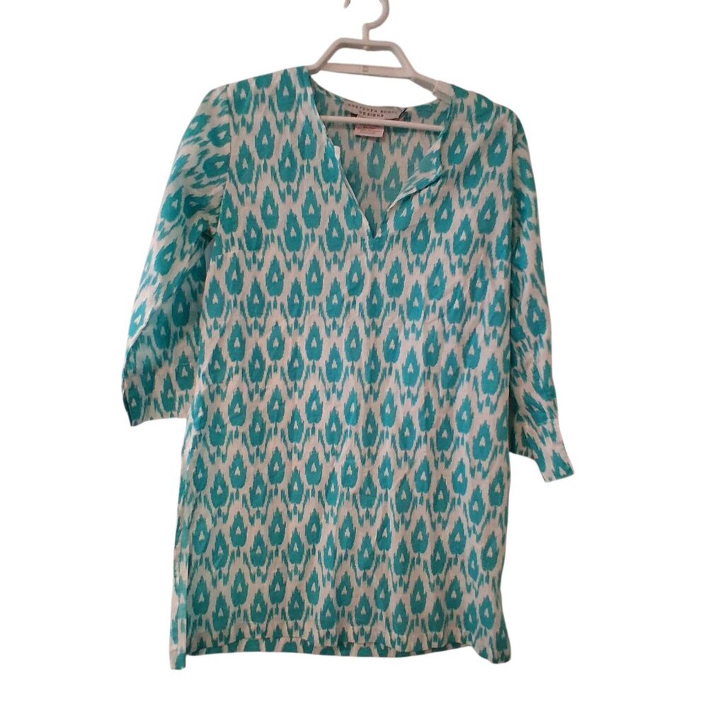 Gretchen Scott tunic top womens XS cotton 3/4 sleeve white turquoise